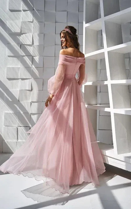 Formal Wear Dresses/Blush Off-the-shoulder Tulle Front Split Puff-sleeve Dress with Strap Prom Dress