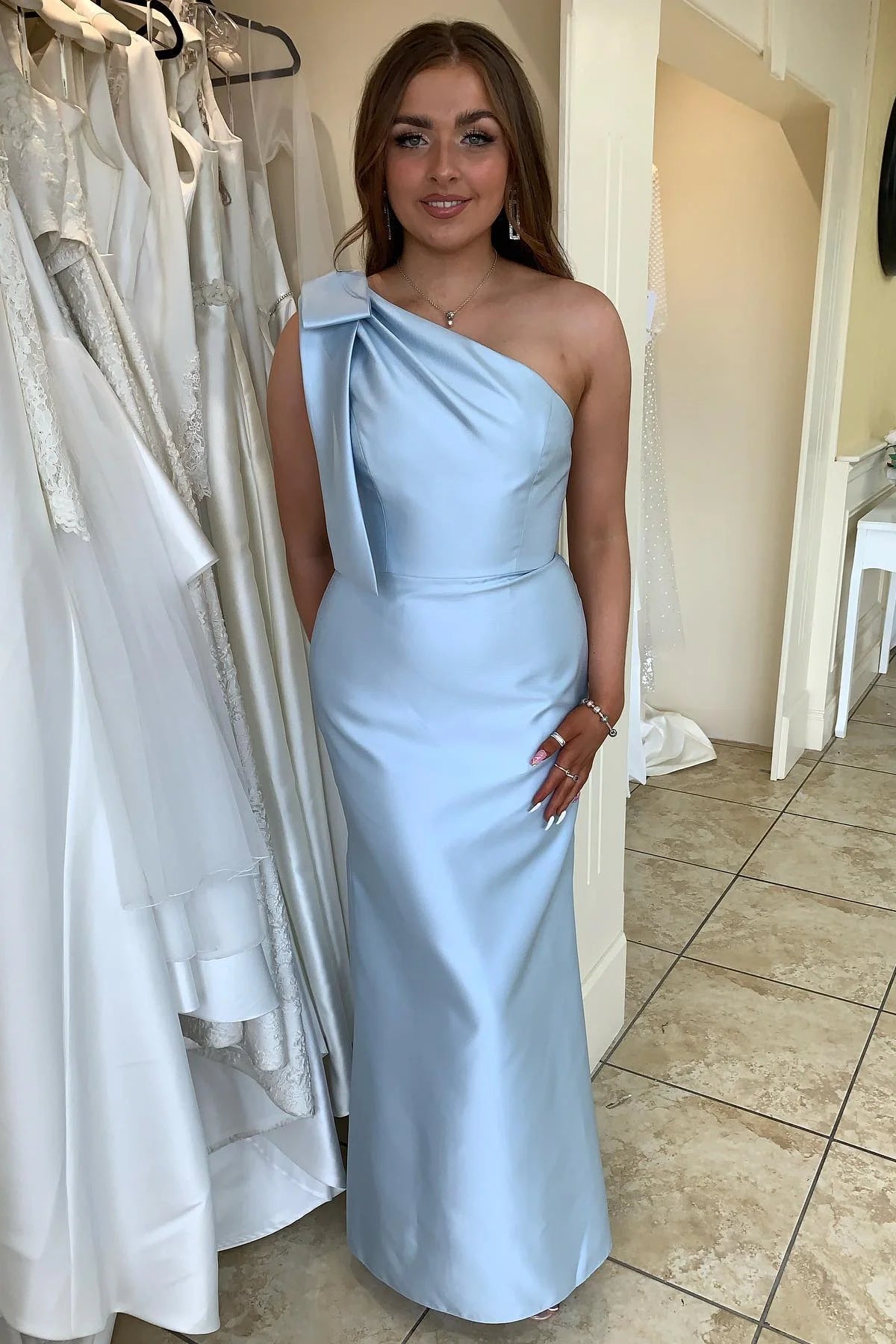 Formal Wear Dresses Bow One Shoulder Light Blue Satin Long Bridesmaid Dress Prom Dress In Store
