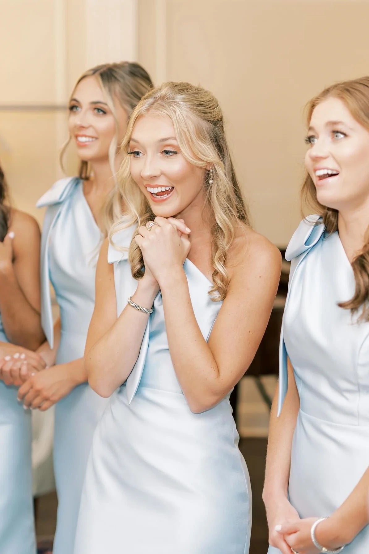 Formal Wear Dresses Bow One Shoulder Light Blue Satin Long Bridesmaid Dress Prom Dress In Store
