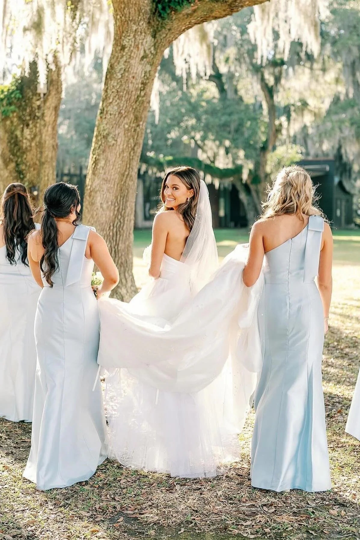 Formal Wear Dresses Bow One Shoulder Light Blue Satin Long Bridesmaid Dress Prom Dress In Store