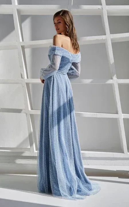 Formal Wear Dresses/Chic Off-the-shoulder Long Sleeve Front Split Dress with Bow Prom Dress