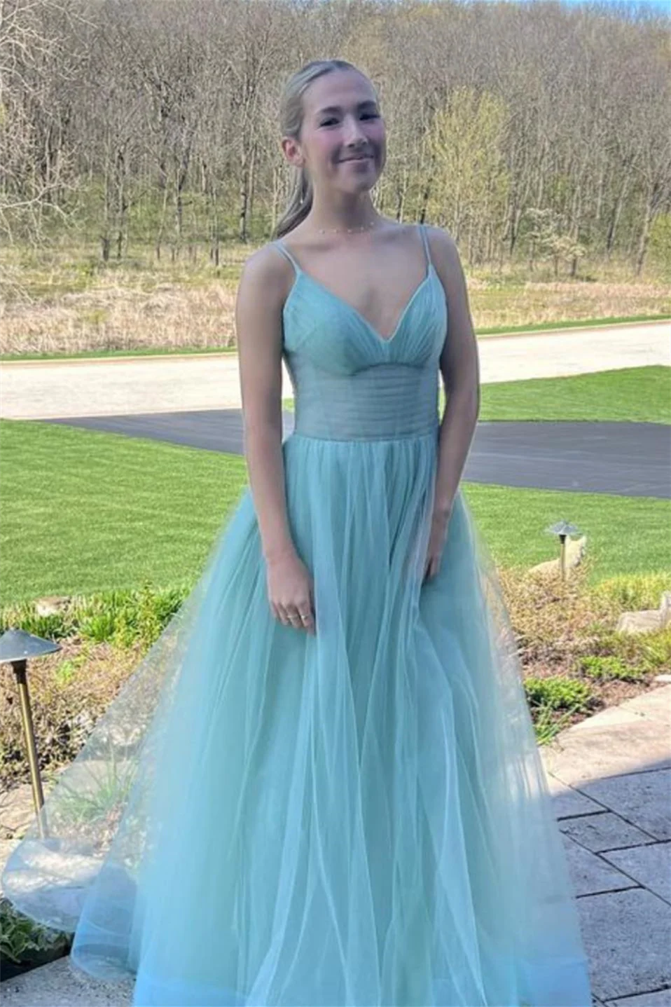 Formal Wear Dresses/Dusty Sage Tulle Plunging V Straps Long Prom Dress