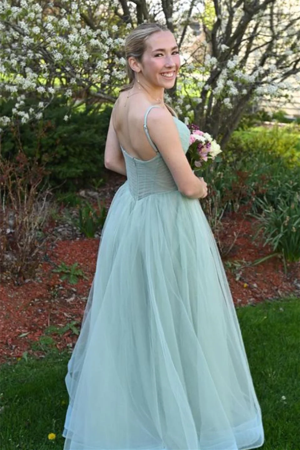 Formal Wear Dresses/Dusty Sage Tulle Plunging V Straps Long Prom Dress