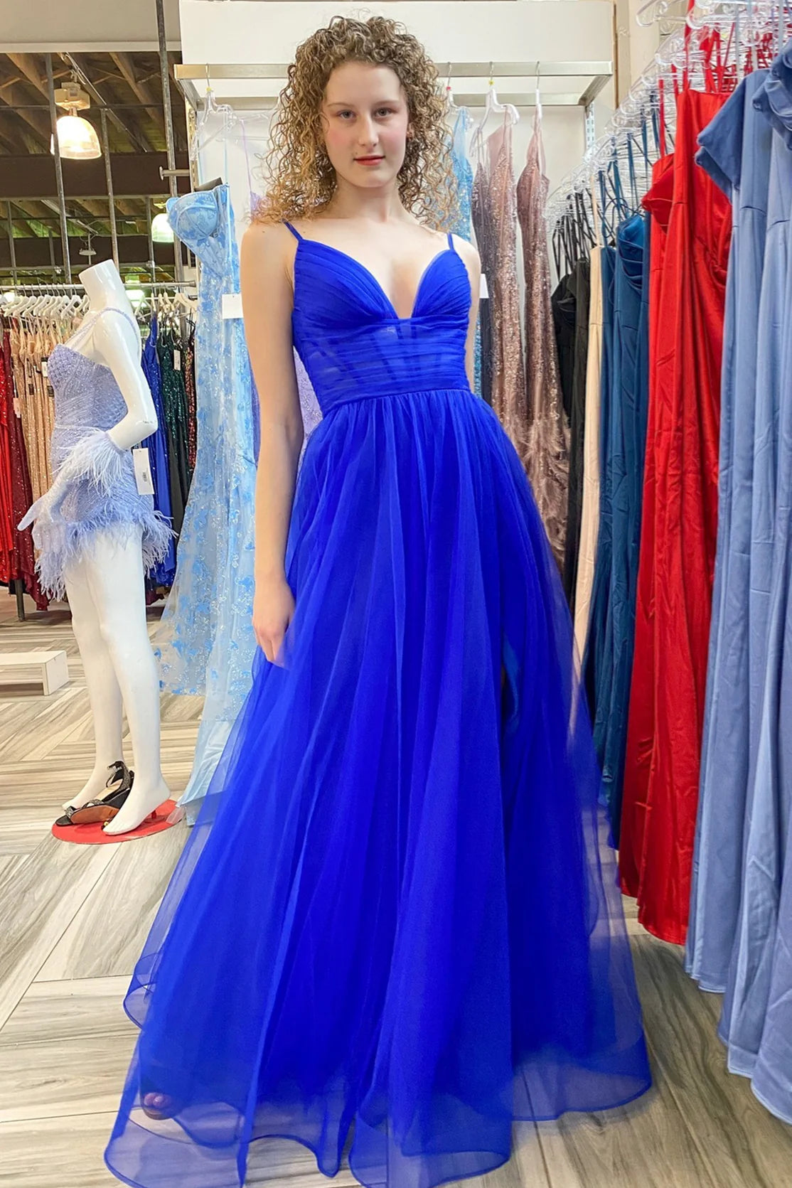 Formal Wear Dresses/Dusty Sage Tulle Plunging V Straps Long Prom Dress