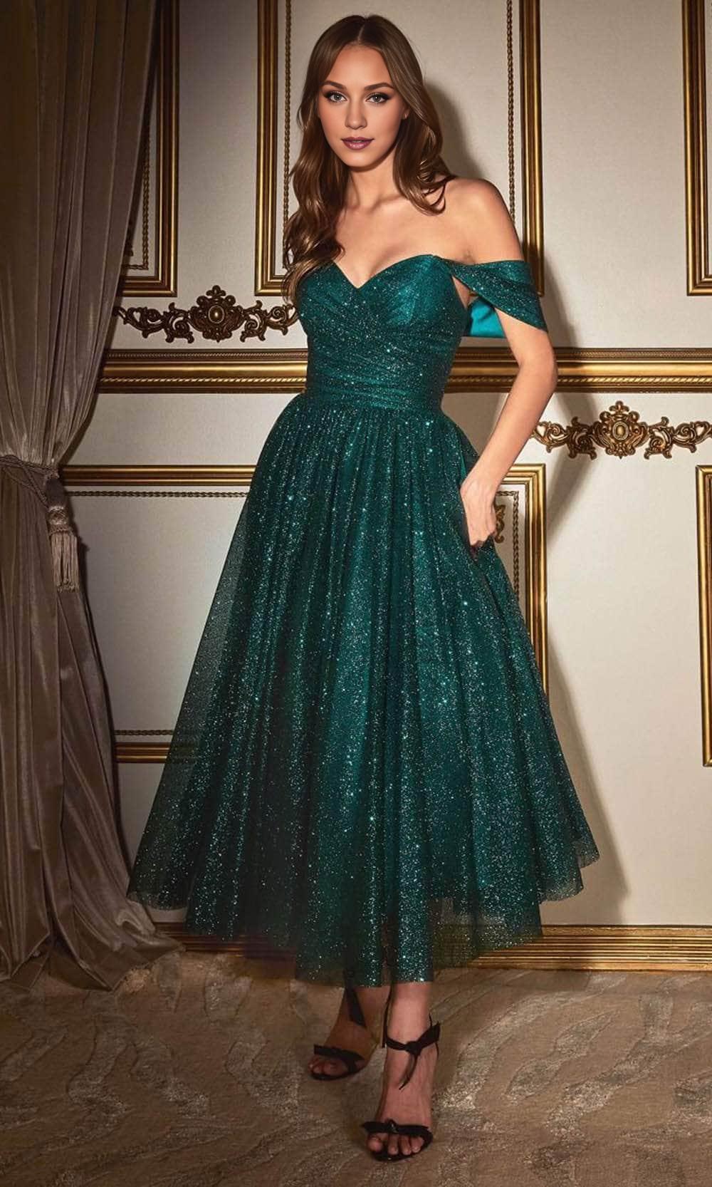 Formal Wear Dresses/Emerald Off-Shoulder Open Back Sleeveless Glitter Tea-Length Prom Dress