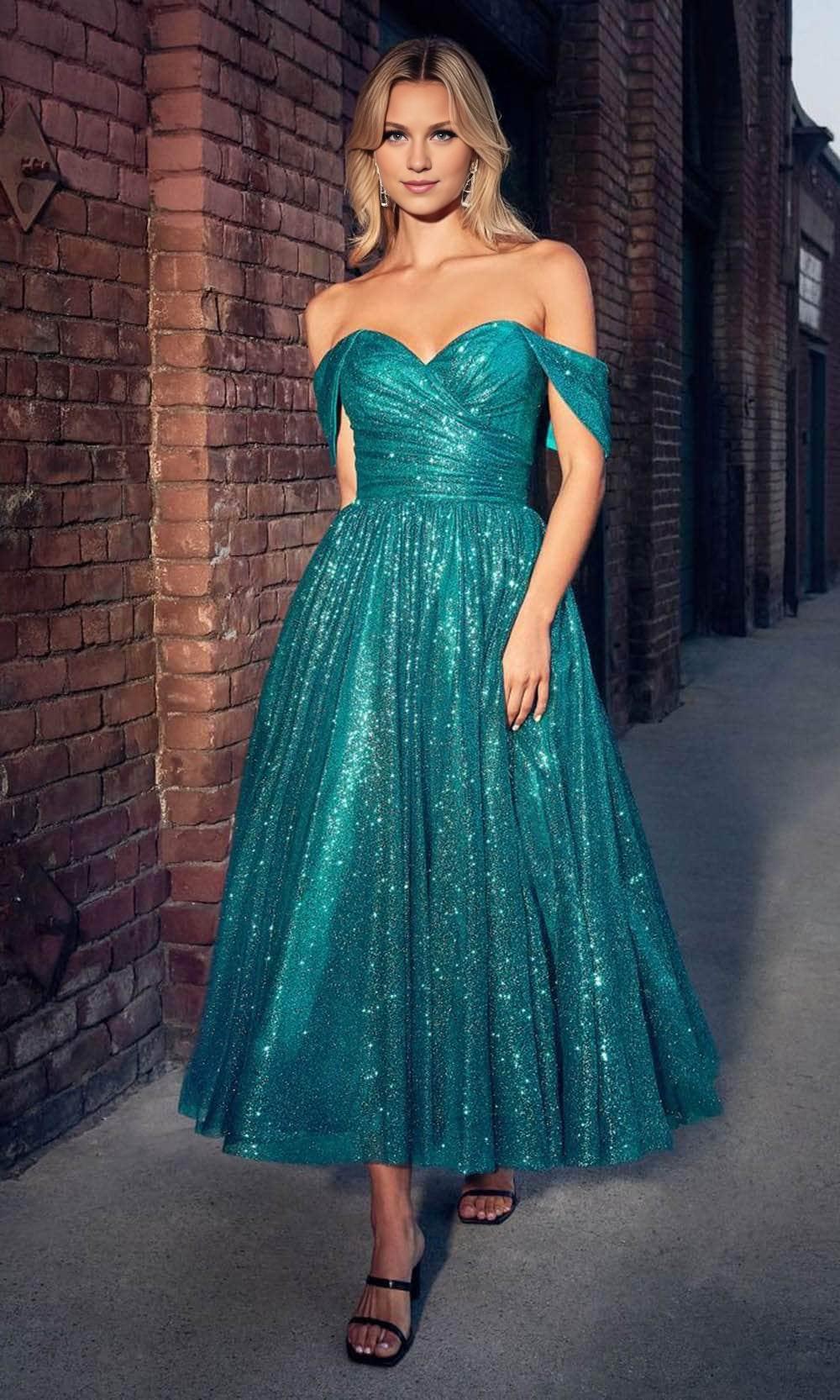 Formal Wear Dresses/Emerald Off-Shoulder Open Back Sleeveless Glitter Tea-Length Prom Dress