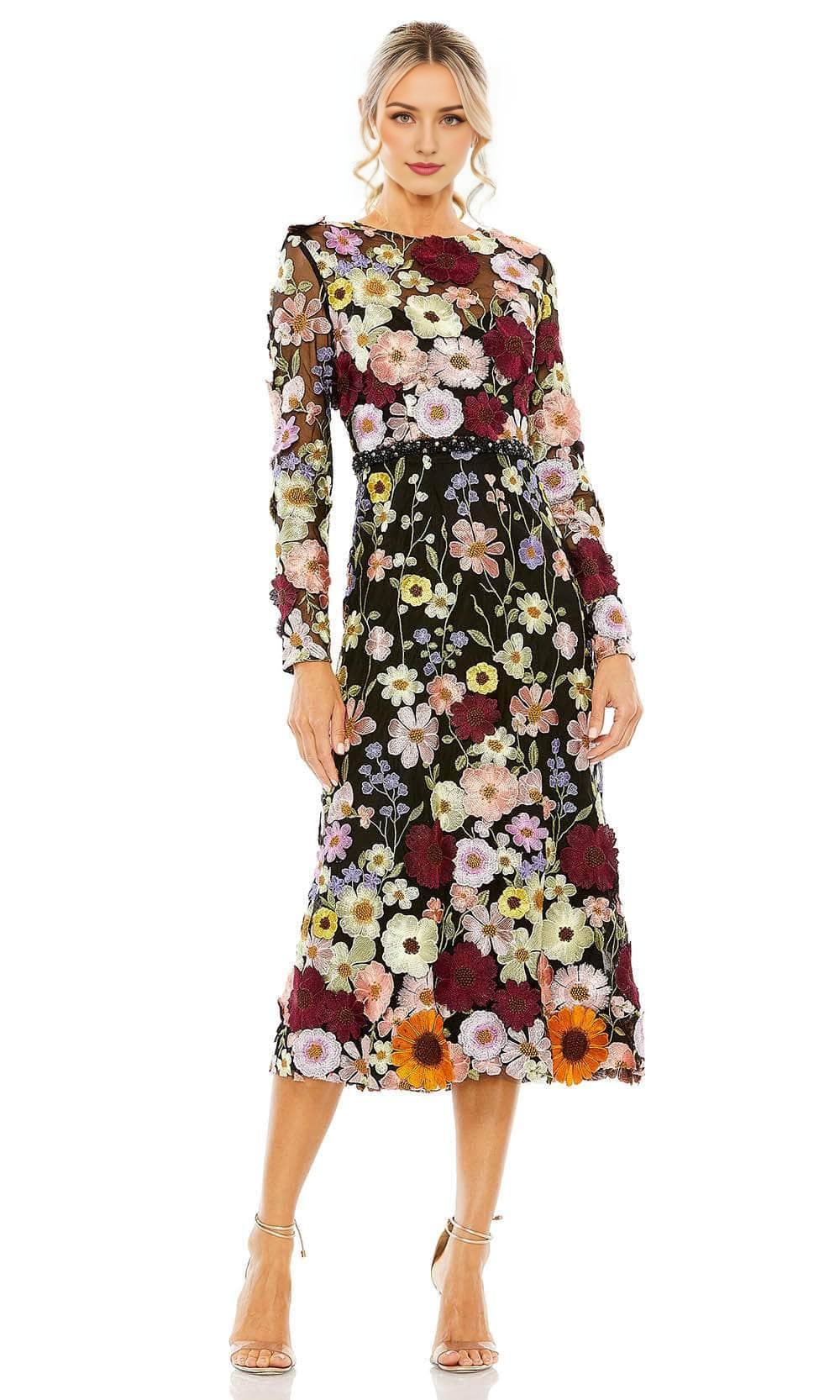 Formal Wear Dresses/ Floral Lace Sheer Long Sleeve Tea Length Sheath Formal Dress Prom Dress/ Evening Dresses For Women 