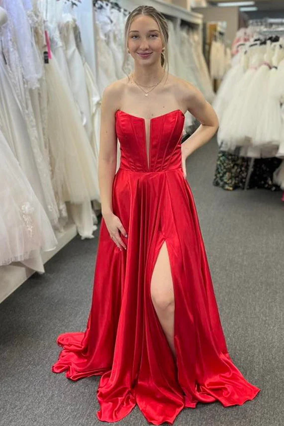 Formal Wear Dresses/Plunging Neck Red Satin Slit Long Formal Dress with Bow