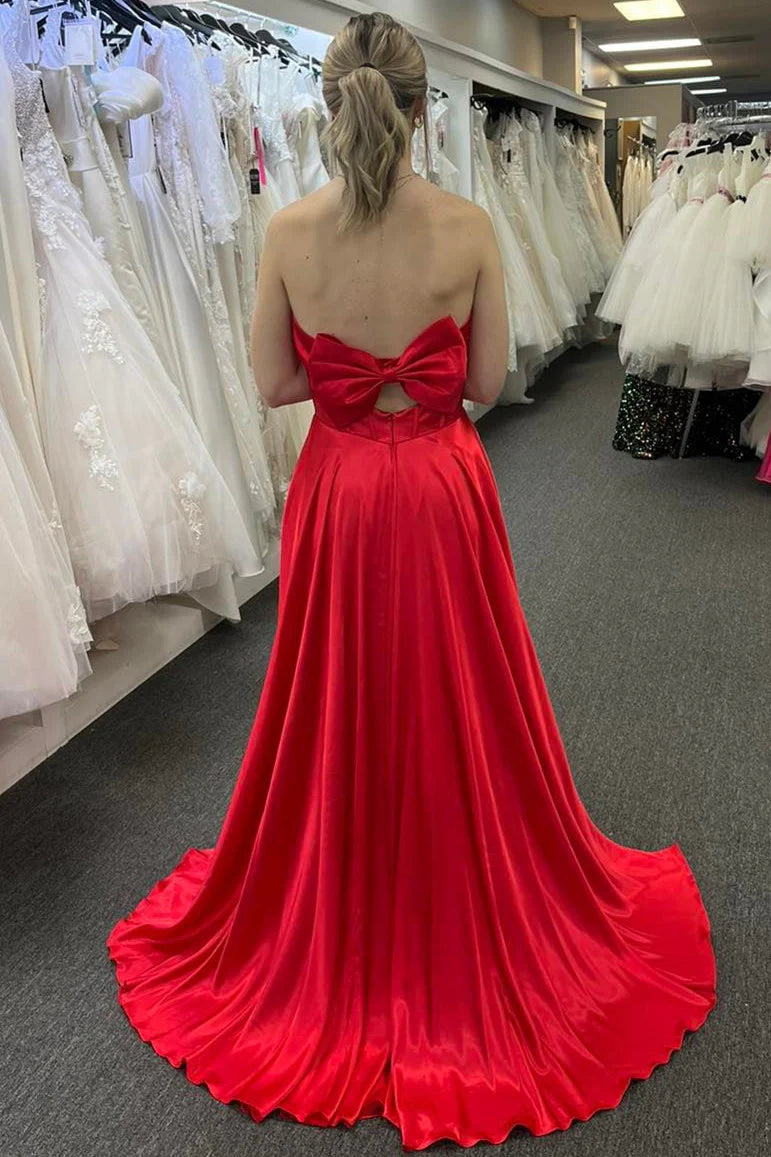 Formal Wear Dresses/Plunging Neck Red Satin Slit Long Formal Dress with Bow