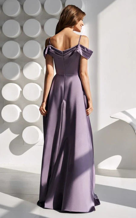 Formal Wear Dresses/Spaghetti Straps Satin Off-the-shoulder Criss-cross Sheath Front Split Prom Dress