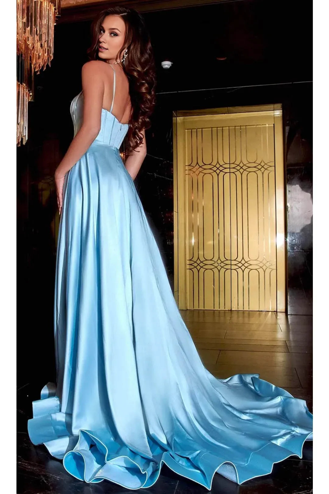 Formal Wear Dresses/Spaghetti Straps Sky Blue Long Bustier Satin A-Line Prom Dress