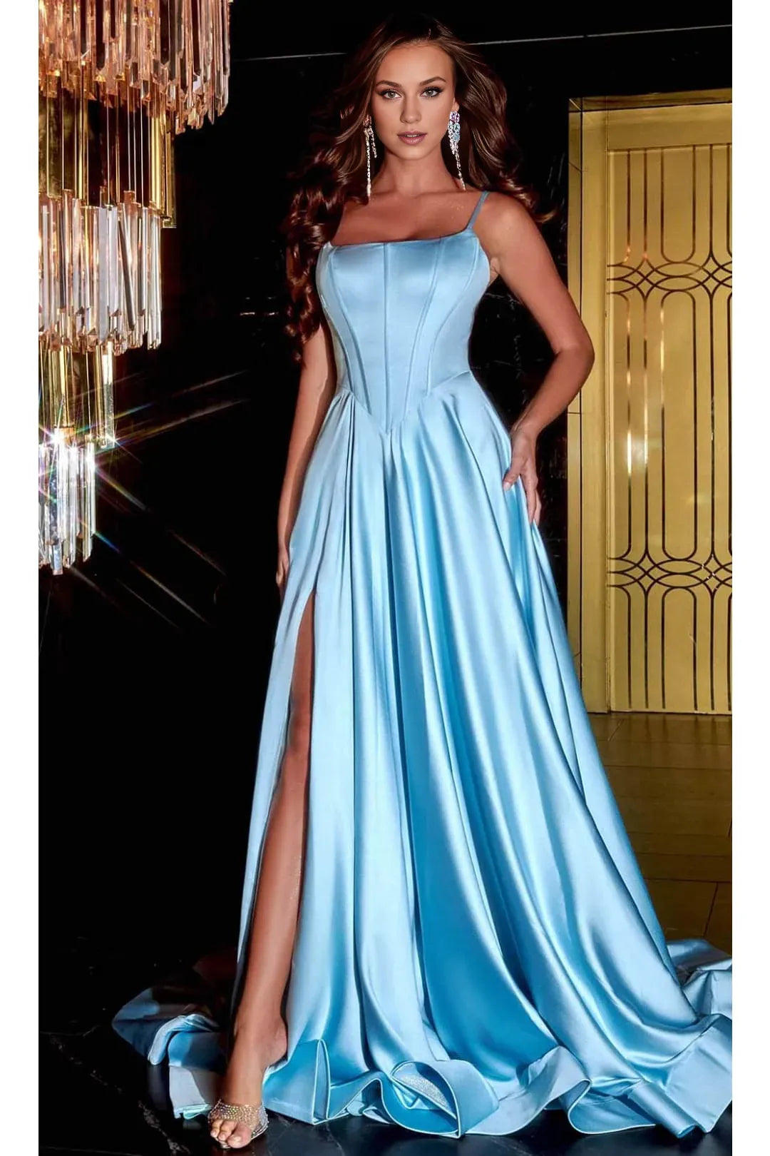 Formal Wear Dresses/Spaghetti Straps Sky Blue Long Bustier Satin A-Line Prom Dress