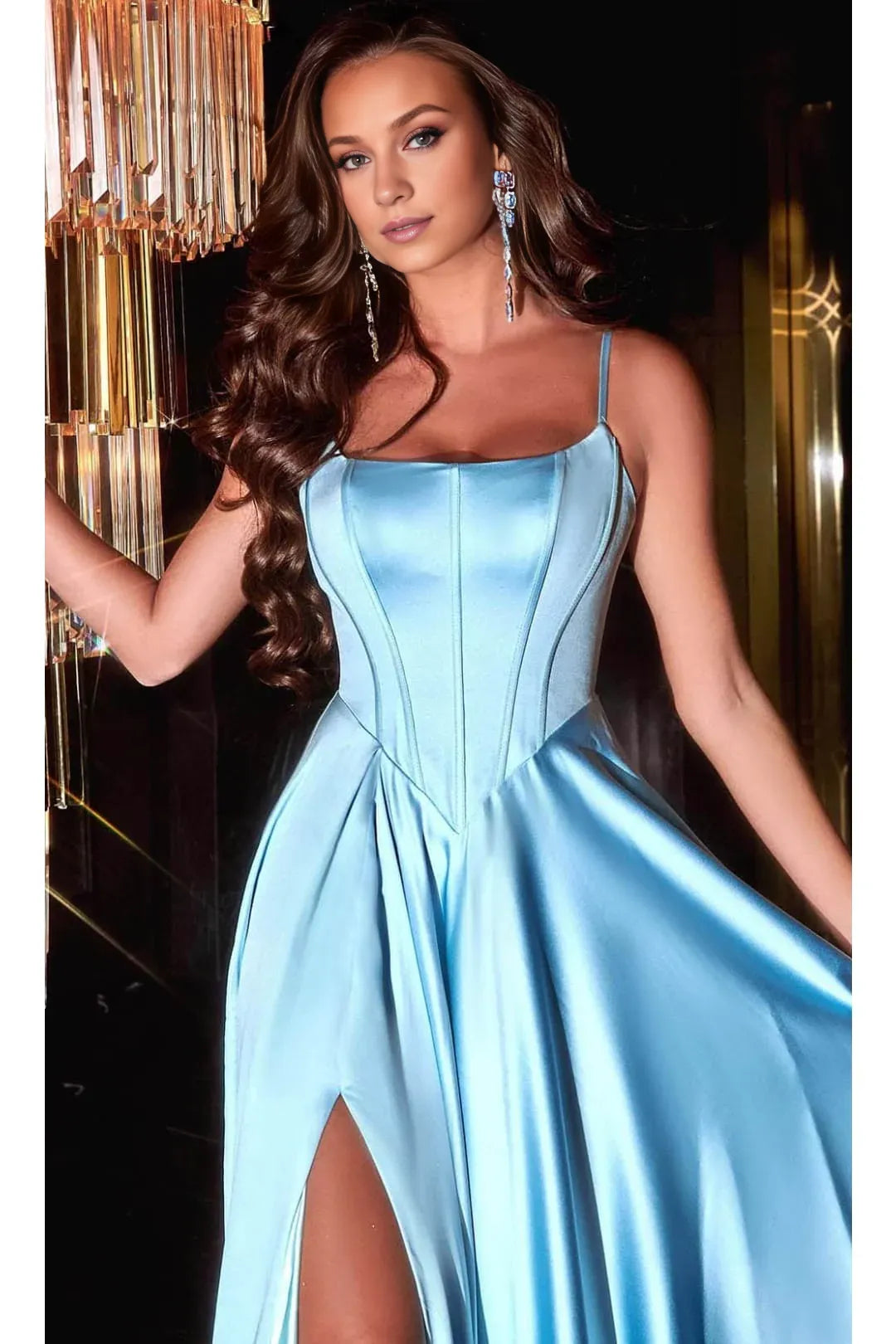 Formal Wear Dresses/Spaghetti Straps Sky Blue Long Bustier Satin A-Line Prom Dress