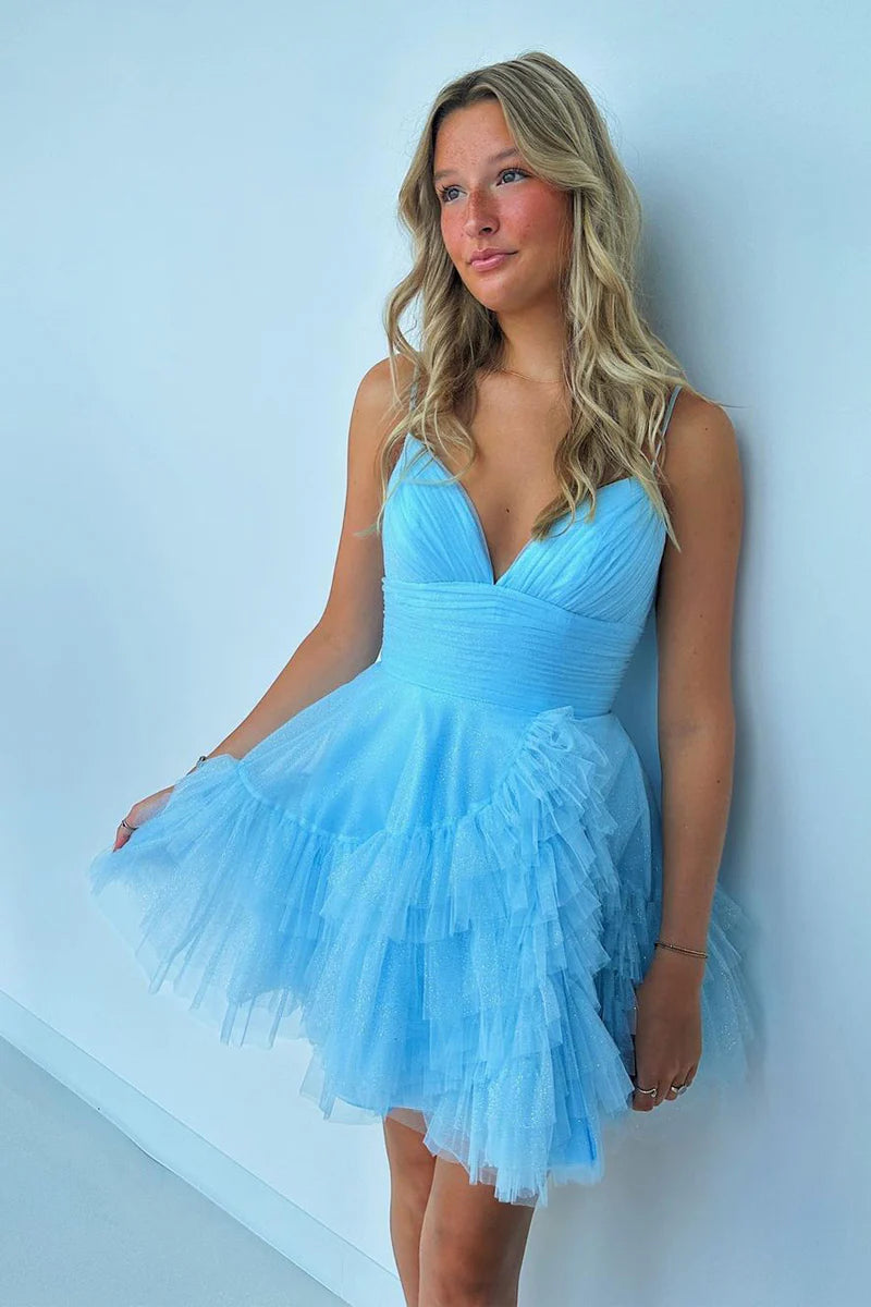 Formal Wear Dresses/V Neck Blue Tulle Short A-Line Homecoming Dress/Evening Dresses For Women