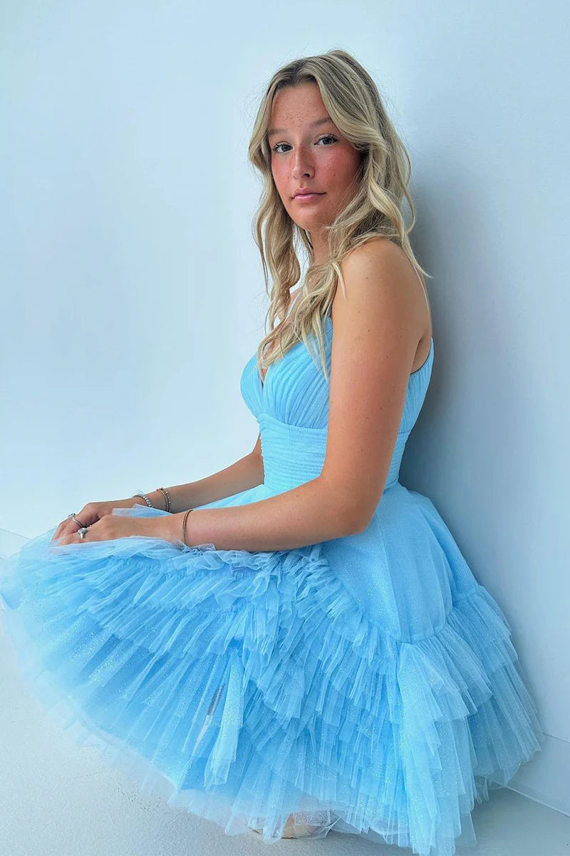 Formal Wear Dresses/V Neck Blue Tulle Short A-Line Homecoming Dress/Evening Dresses For Women