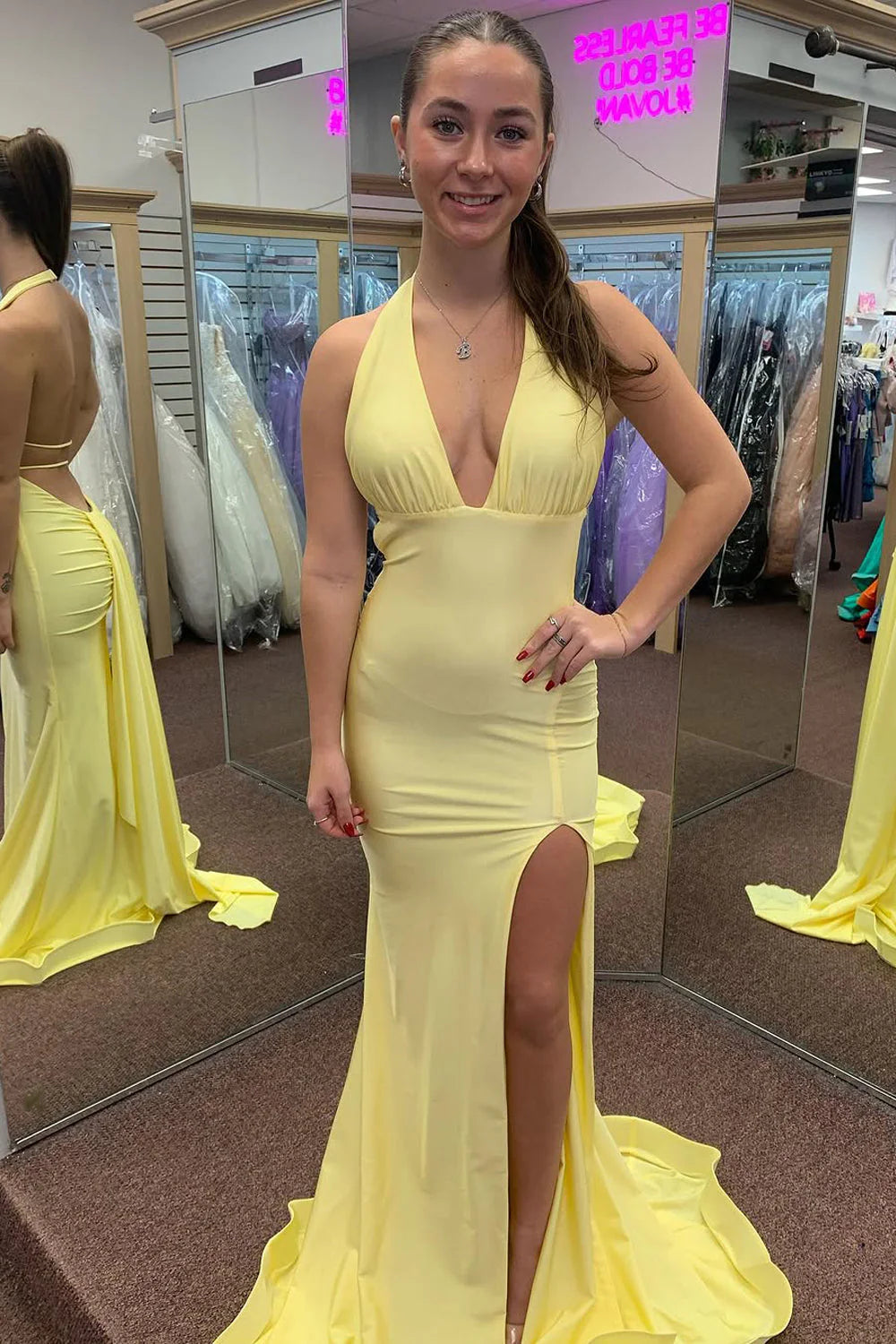 Formal Women's Dresses/Chic Mermaid Halter Yellow Slit Long Prom Dresses Evening Dress/Dress For Formal