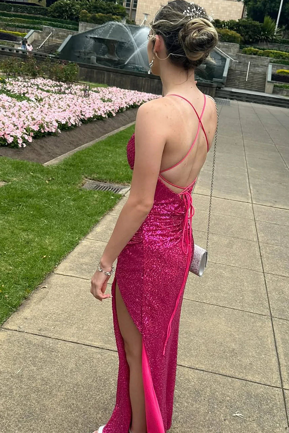 Formal Women's Dresses/Chic Mermaid V Neck Fuchsia Sequins Long Party Prom Dresses with Slit Evening Dress/Dress For Formal