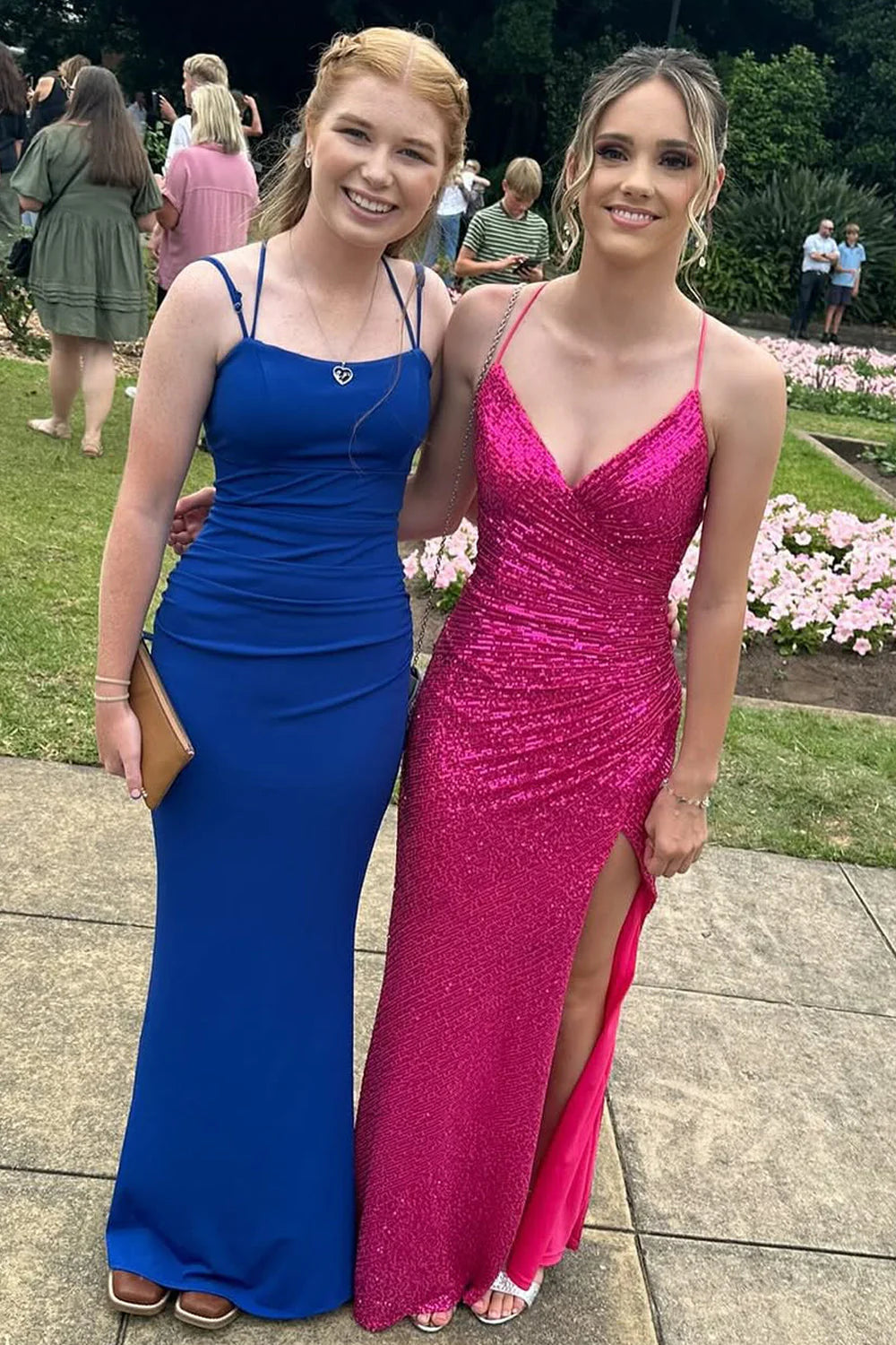 Formal Women's Dresses/Chic Mermaid V Neck Fuchsia Sequins Long Party Prom Dresses with Slit Evening Dress/Dress For Formal