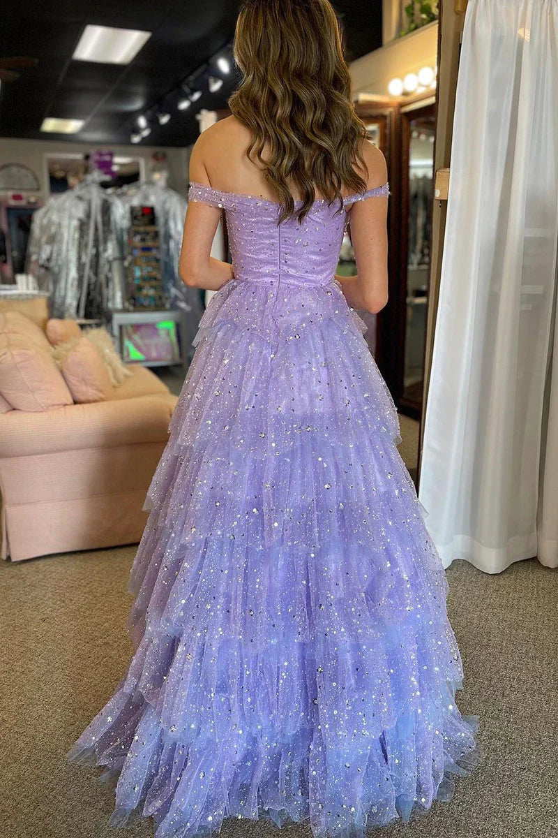 Formal Women's Dresses/Cute A-Line Off Shoulder Light Purple Tiered Tulle Long Prom Dress Evening Dress/Dress For Formal