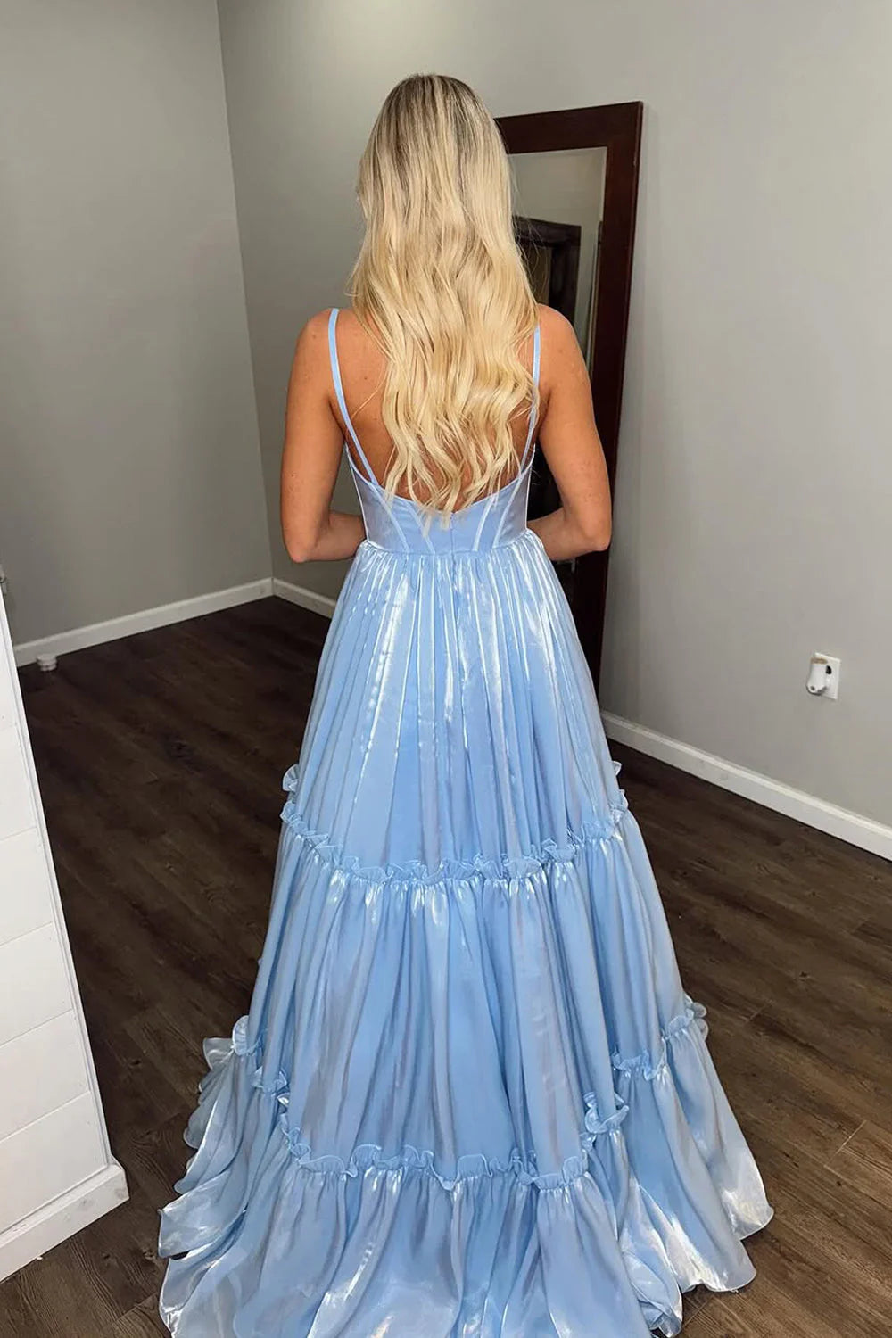 Formal Women's Dresses/Cute A Line V Neck Light Blue Glitter Long Prom Dresses Evening Dress/Dress For Formal