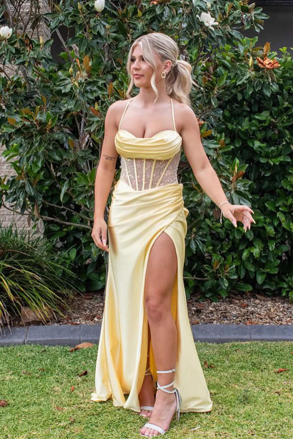 Formal Women's Dresses/Cute Mermaid Straps Yellow Satin Slit Prom Dresses with Cross Back Evening Dress/Dress For Formal