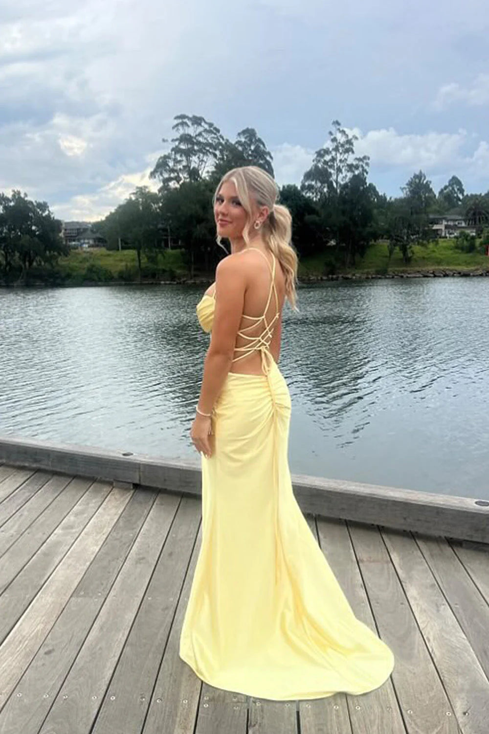 Formal Women's Dresses/Cute Mermaid Straps Yellow Satin Slit Prom Dresses with Cross Back Evening Dress/Dress For Formal