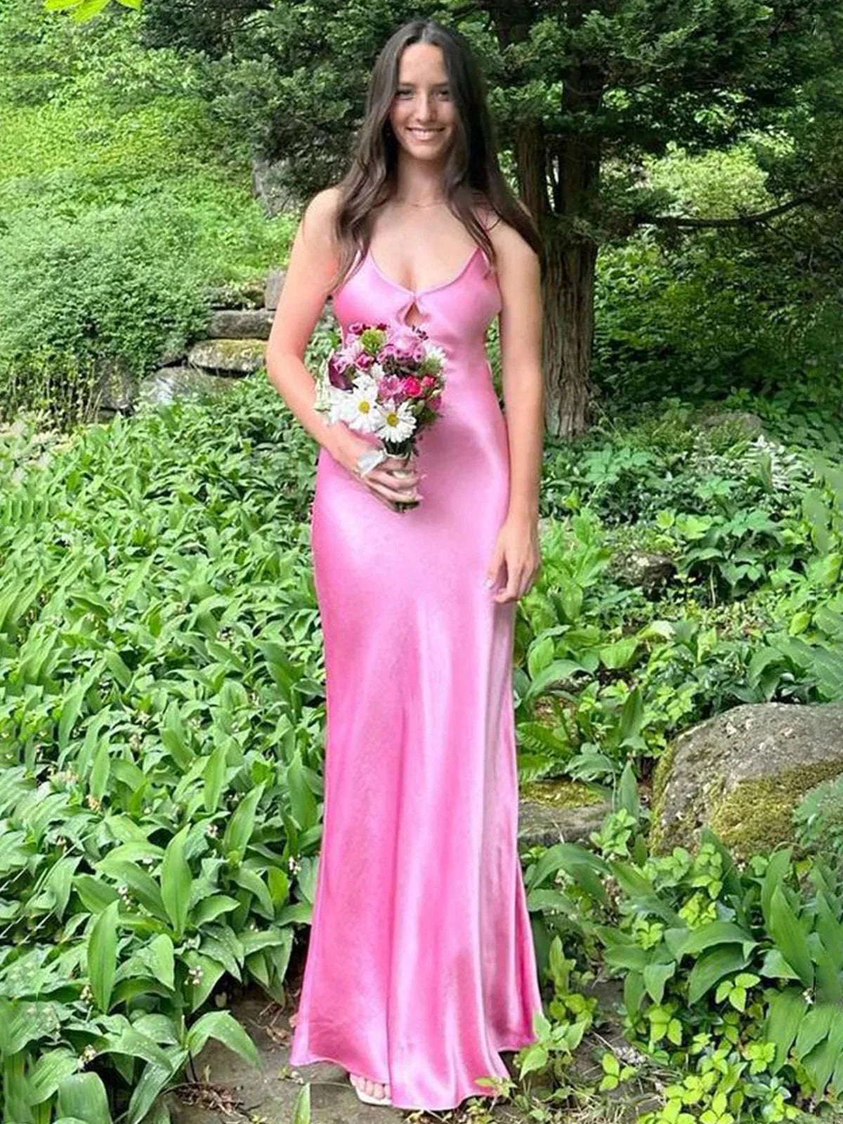 Formal Women's Dresses/Cute Mermaid V Neck Keyhole Pink Satin Evening Dress/Dress For Formal