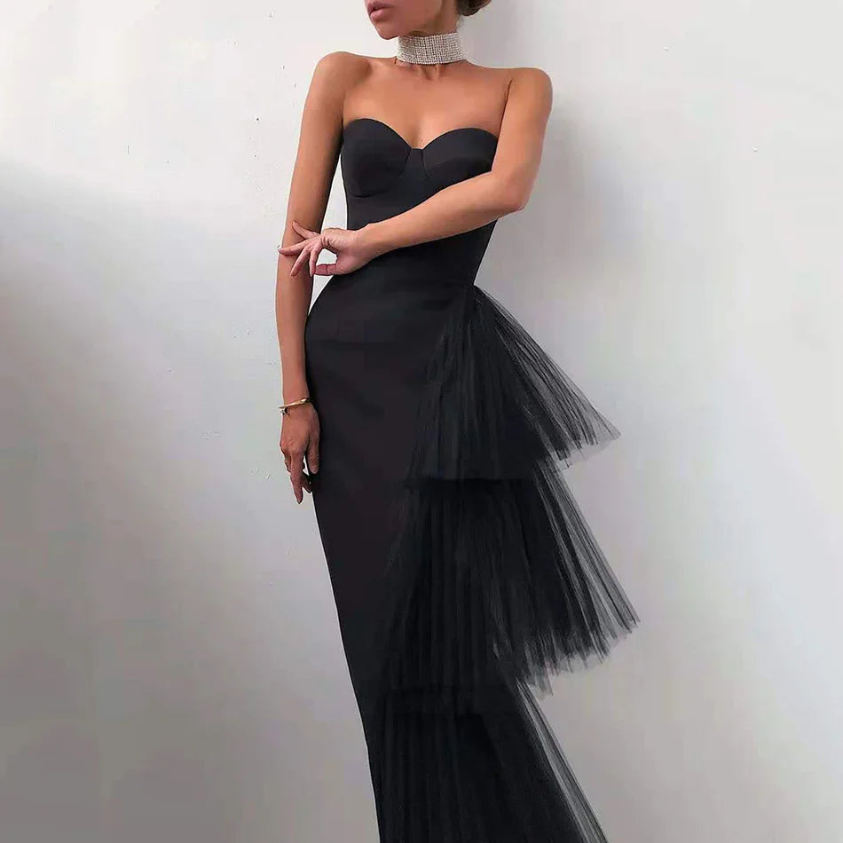 Formal Women's Dresses Sexy Satin Black Evening Dress Mermaid Strapless Tiered Off Shoulder Sleeveless Girl Formal Prom Dresses / Prom Dress In Store 