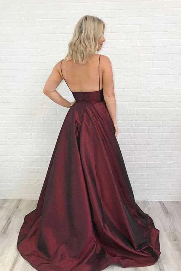 Formal Women's Dresses Sherry Charming Satin Prom Dress Burgundy Prom Dress V Neck Prom Dress / Prom Dress In Store