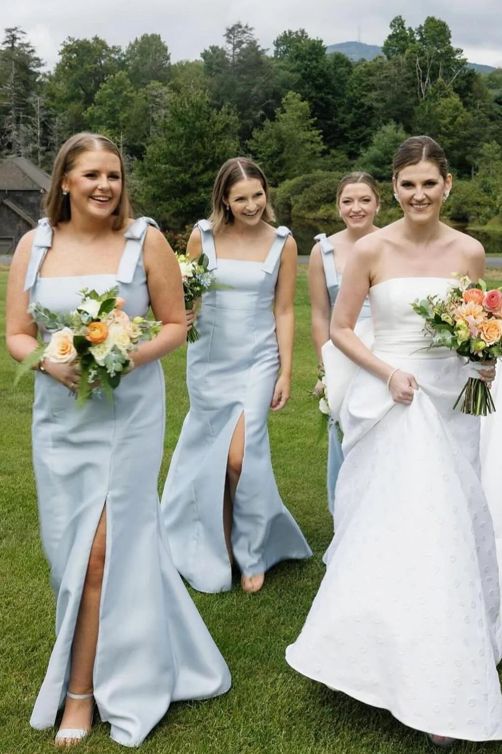 Formal Women's Dresses Square Neck Light Blue Satin Long Bridesmaid Dress with Slit Prom Dress In Store