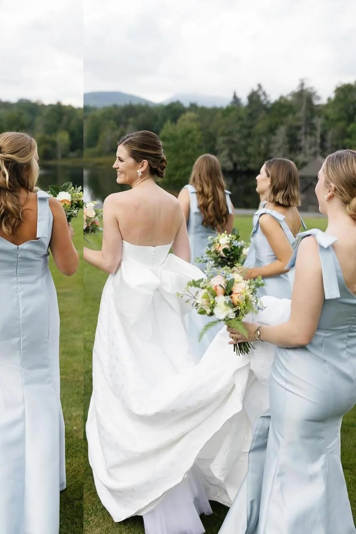 Formal Women's Dresses Square Neck Light Blue Satin Long Bridesmaid Dress with Slit Prom Dress In Store