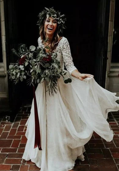 Formal Women's Dresses V-neck Two Piece Floor-length Sweep Brush Train 3-4 Length Sleeve Lace Wedding Dress With Illusion Back