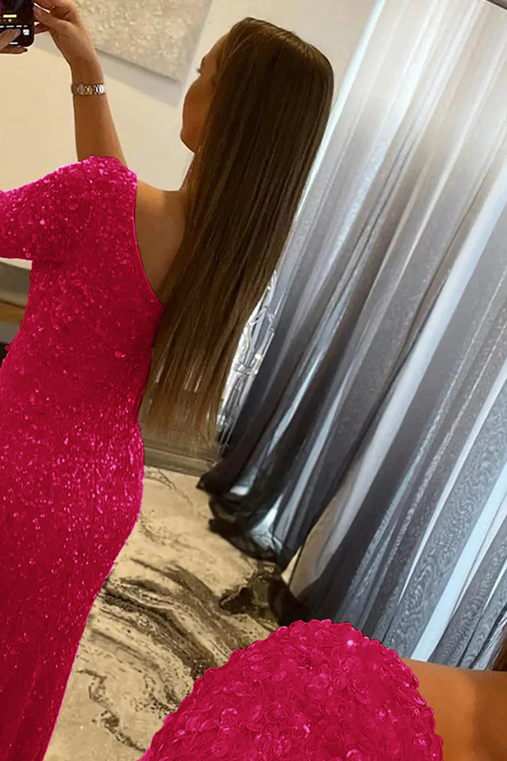 Mermaid Glitter One-Shoulder Single Sleeve Prom Dress With Sequins
