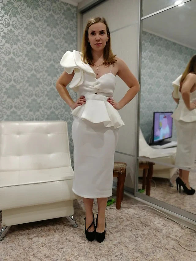 Cocktail Party Dress One Shoulder Sleeveless Tea Length Spandex with Ruffles