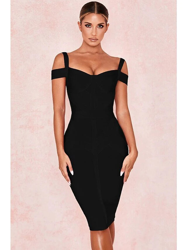 Cocktail Party Valentine's Day Dress Off Shoulder Sleeveless Knee Length Spandex with Sleek