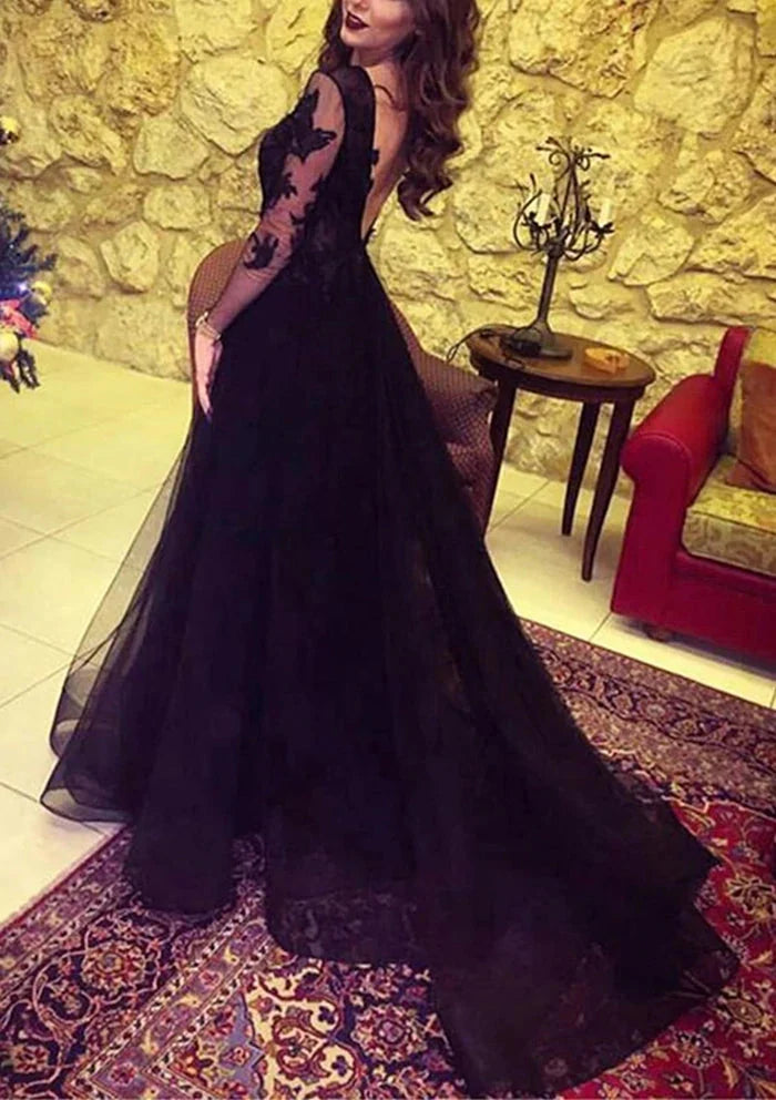 Glamorous A-Line V Neck Long Sleeve Backless Floor-Length Prom Dress