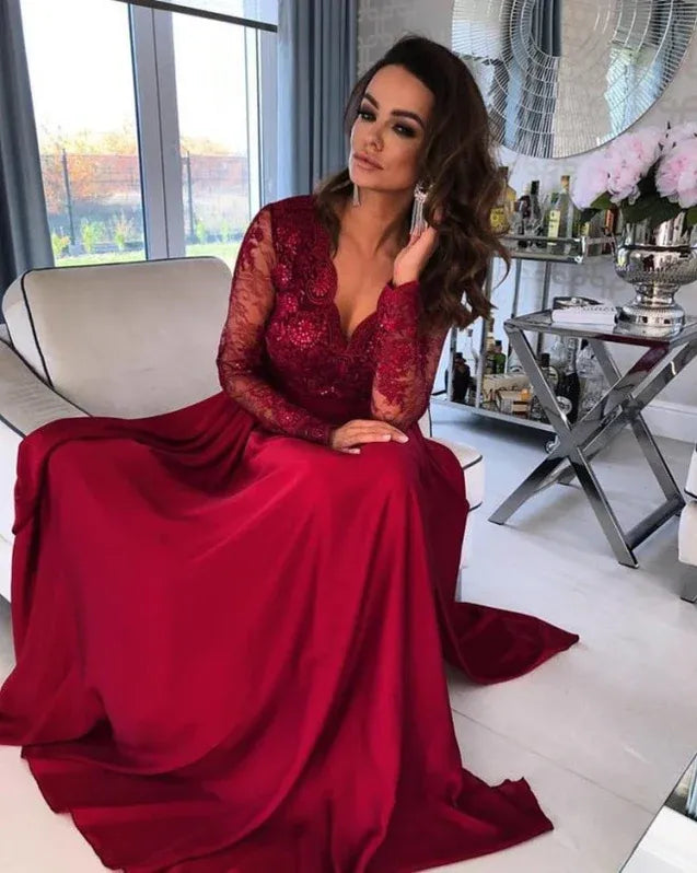 Glamorous A-line Long Sleeve Lace Slit Burgundy Train Prom Dress For Sale
