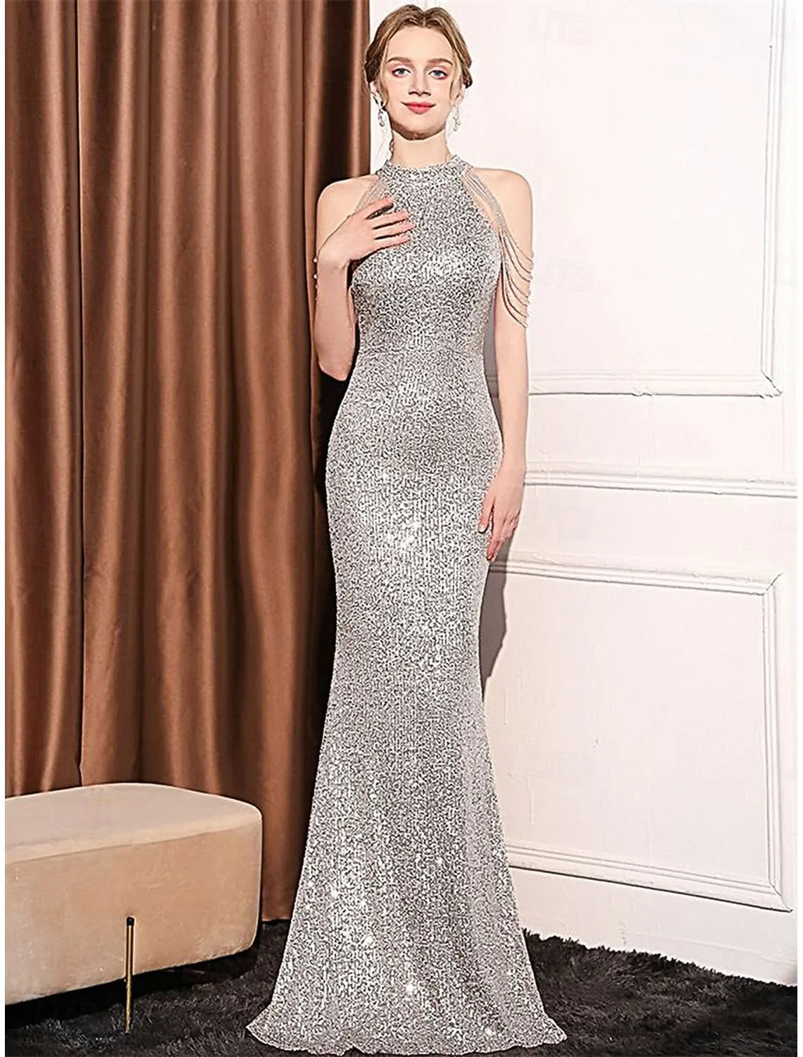 Glamorous Halter Sequin Mermaid Evening Dress With Chain Straps For Sale