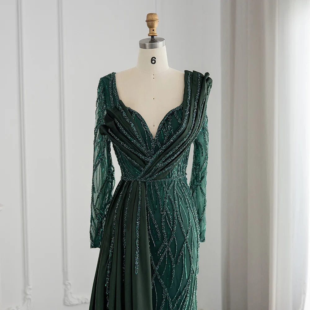 Gold Mermaid Sequin Prom Dress Elegant Long Sleeves Evening Dress Emerald Green Sweetheart V Neck Party Dress