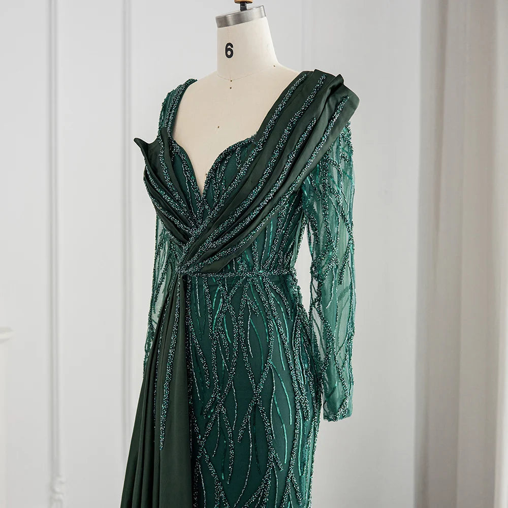 Gold Mermaid Sequin Prom Dress Elegant Long Sleeves Evening Dress Emerald Green Sweetheart V Neck Party Dress