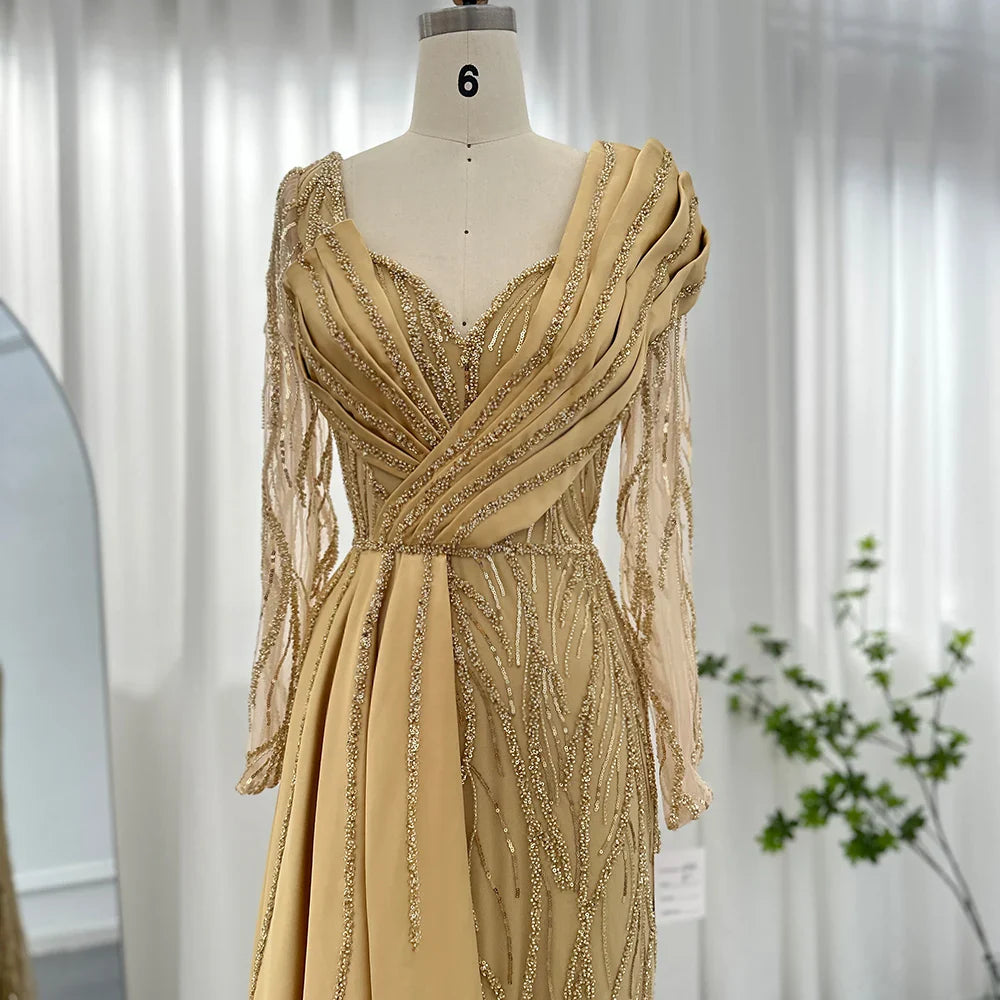 Gold Mermaid Sequin Prom Dress Elegant Long Sleeves Evening Dress Emerald Green Sweetheart V Neck Party Dress