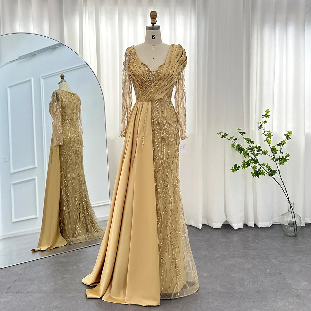 Gold Mermaid Sequin Prom Dress Elegant Long Sleeves Evening Dress Emerald Green Sweetheart V Neck Party Dress