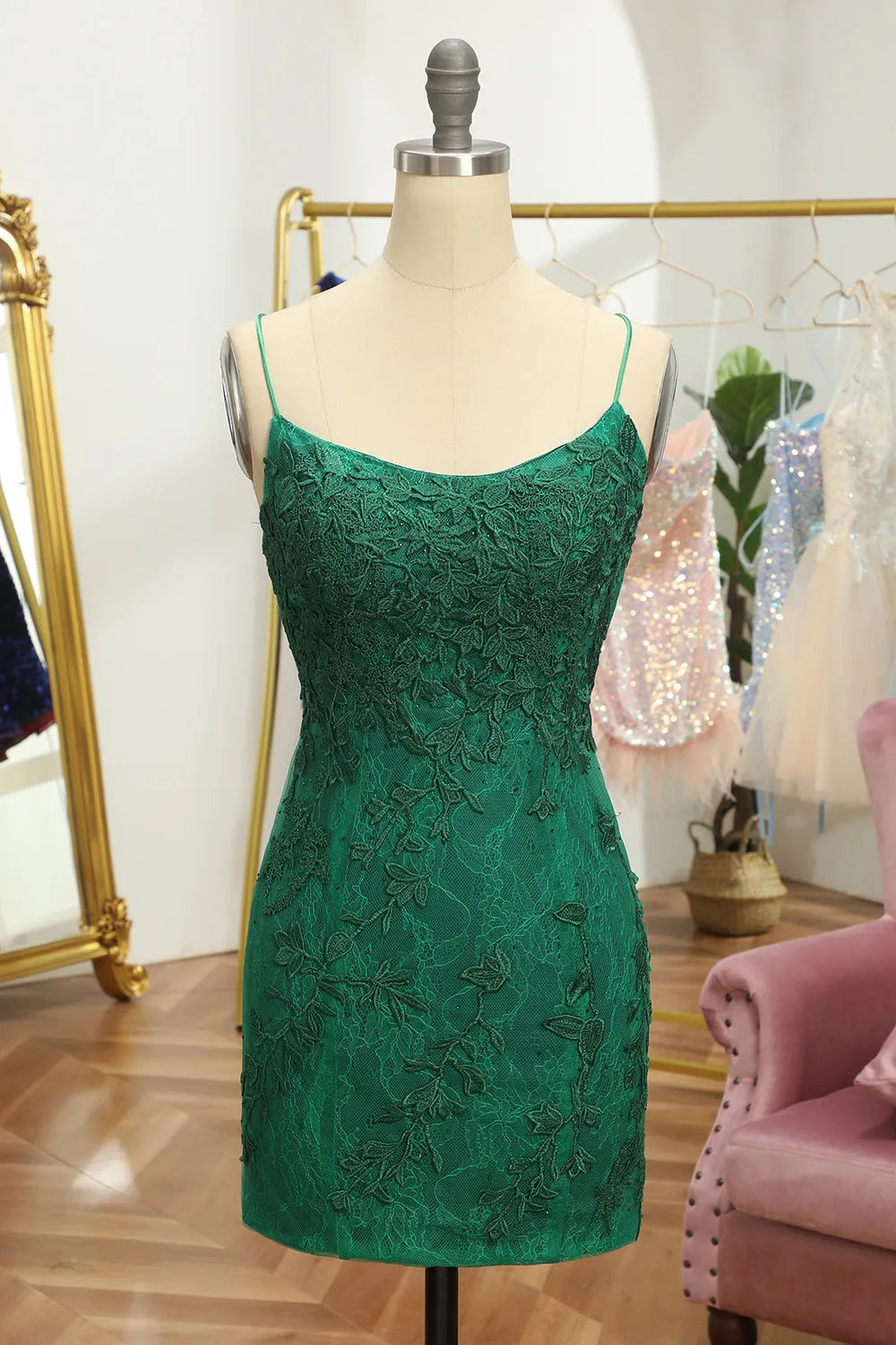 Xuewuba Formal Wear Dresses Spaghetti Straps Green Lace Tight Homecoming Dress Prom Dress In Store