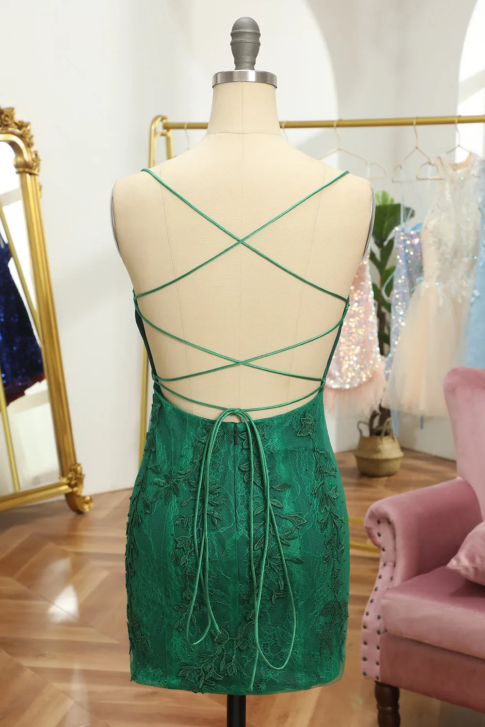 Xuewuba Formal Wear Dresses Spaghetti Straps Green Lace Tight Homecoming Dress Prom Dress In Store