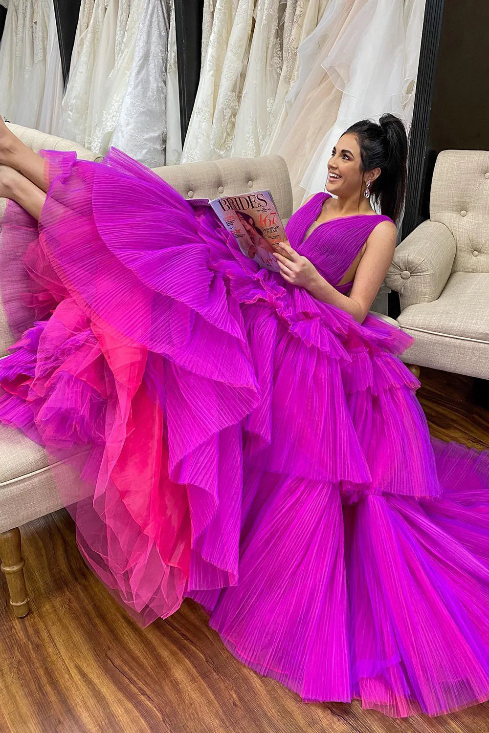 Purple A-LineTiered Tulle Prom Dress