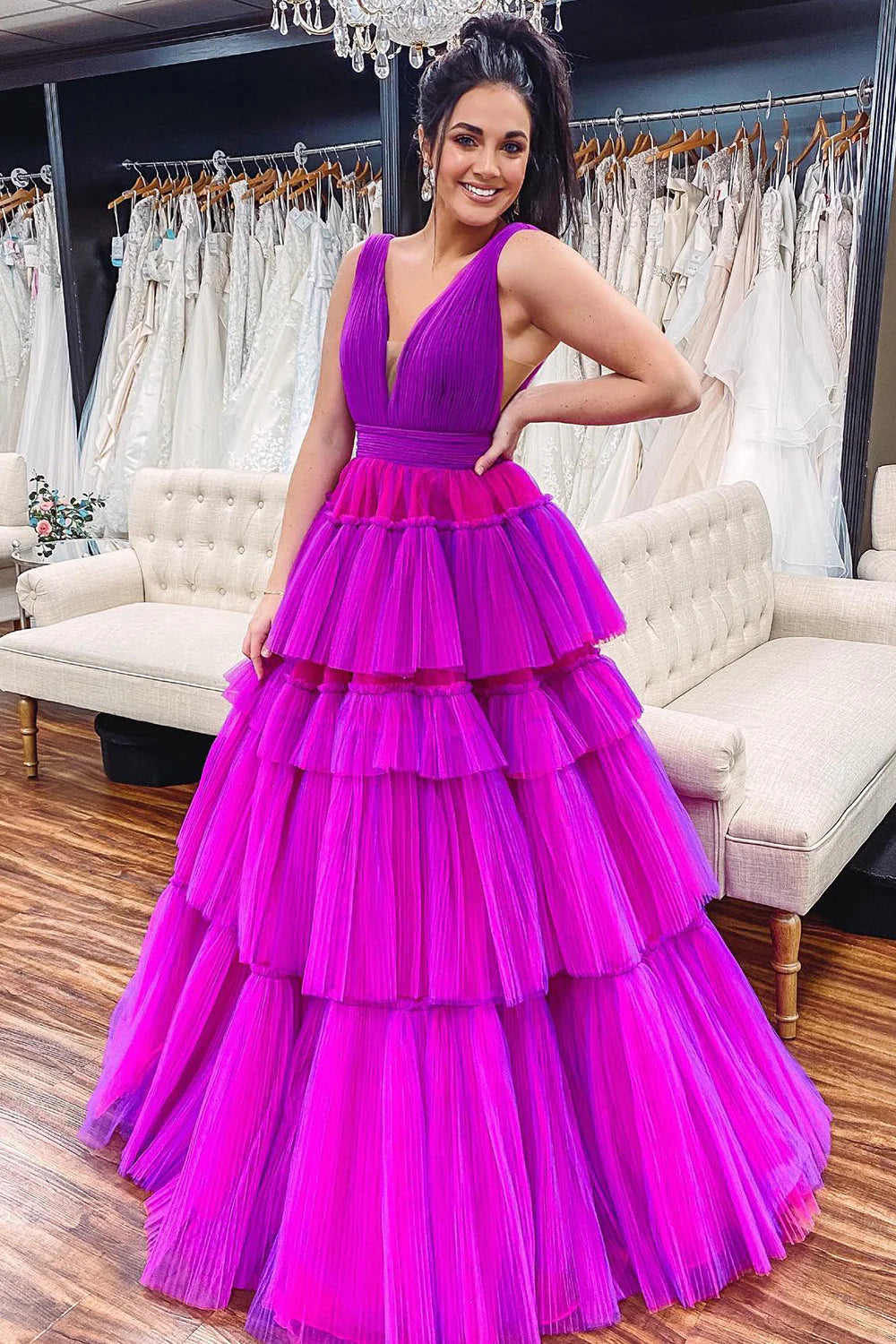 Purple A-LineTiered Tulle Prom Dress
