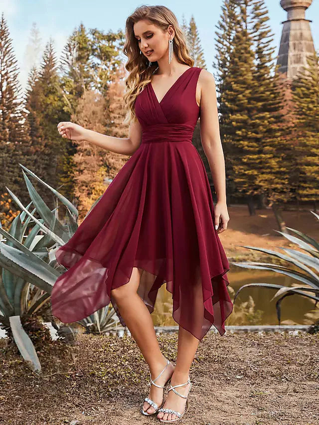 A-Line V Neck Asymmetrical Chiffon Bridesmaid Dress
