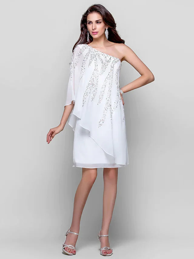 Cocktail Party Dress One Shoulder Sleeveless Knee Length Chiffon with Sequin