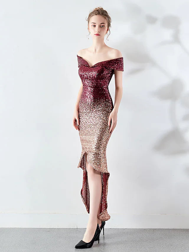 Cocktail Party Dress Off Shoulder Sleeveless Asymmetrical Sequined with Sequin