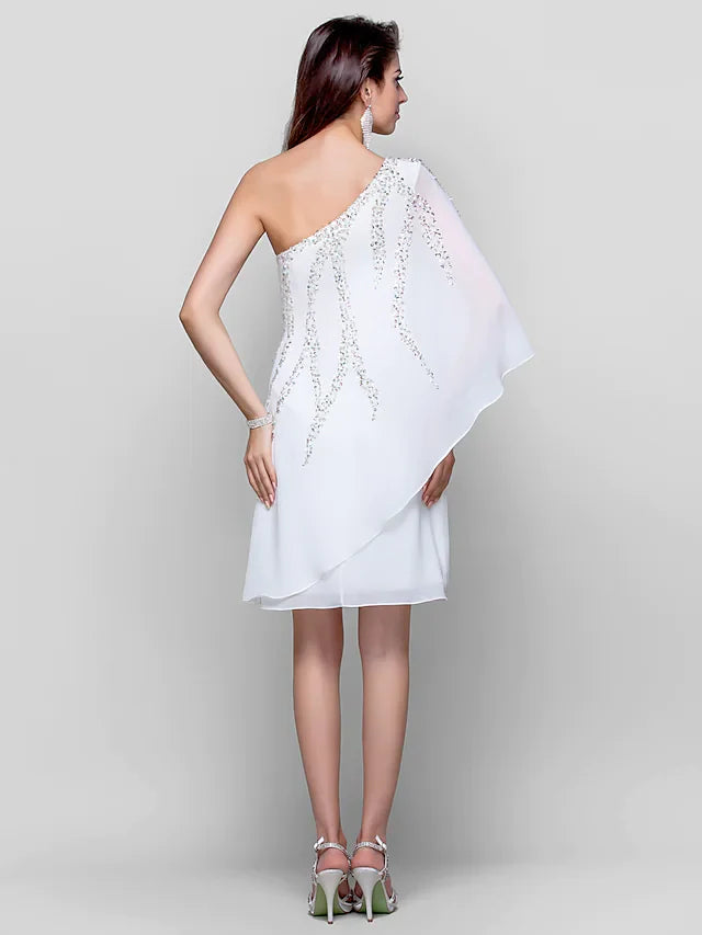 Cocktail Party Dress One Shoulder Sleeveless Knee Length Chiffon with Sequin